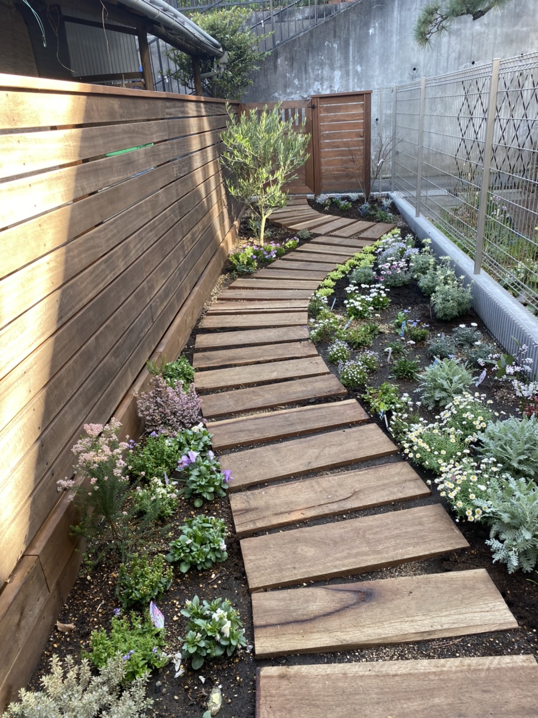 裏庭のデッドスペースも楽しくなった　園路　フェンス　花壇